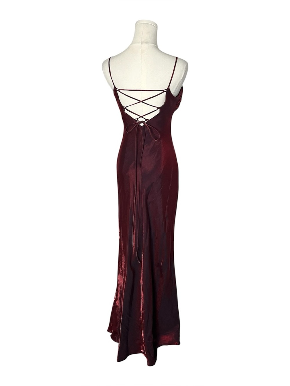90s Vintage Blondie Nites Burgundy Cowl Neck Lace Up Back Evening Gown Dress - Picture 2 of 8